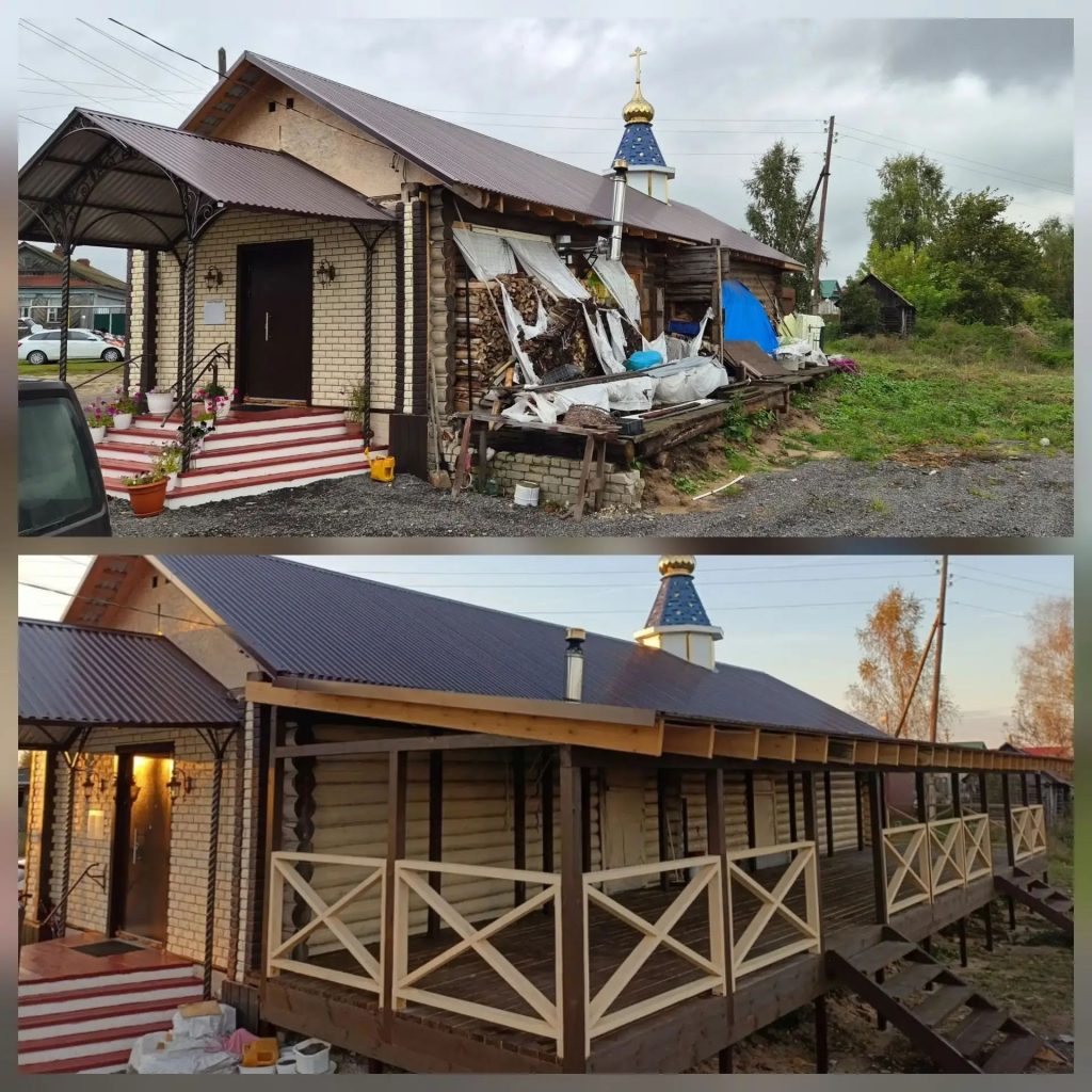 Веранда при храме в Малом Окулово достроена - на ней провели общую трапезу